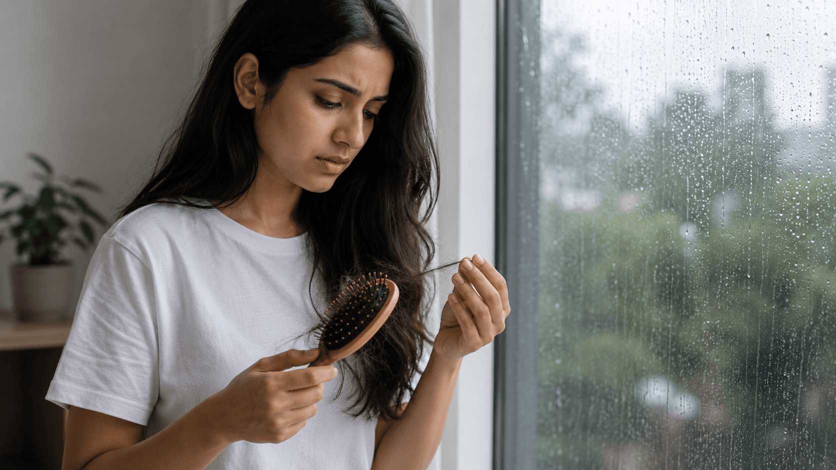 Woman noticing hair fall on her hairbrush during the monsoon