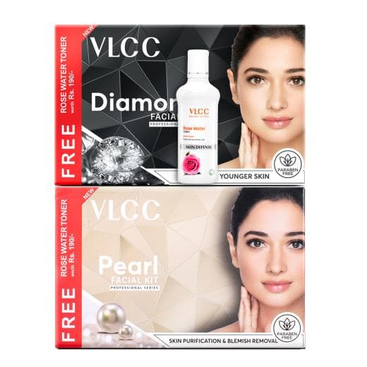 VLCC Diamond Facial Kit with FREE Rose Water Toner & Pearl Facial Kit with FREE Rose Water Toner