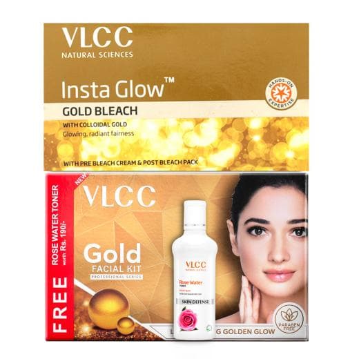 VLCC Gold Facial Kit with Free Rose Water Toner &  Insta Glow Gold Bleach