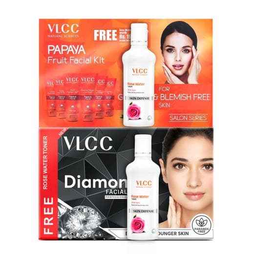 VLCC Papaya Fruit & Diamond Facial Kit with Free Rose Water Toner