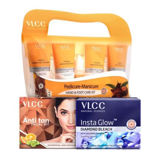 VLCC Salon At Home Combo - Anti Tan Facial Kit, Diamond Bleach & Manicure - Pedicure Kit