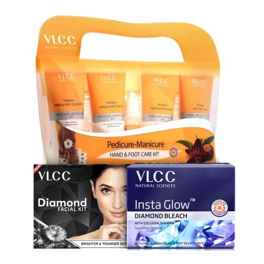 VLCC Salon At Home Combo - Diamond Facial Kit, Diamond Bleach, Manicure & Pedicure Kit