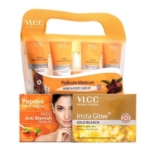 VLCC Salon At Home Combo - Papaya Fruit Facial Kit, Gold Bleach & Manicure - Pedicure Kit