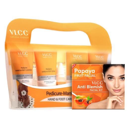 VLCC Salon At Home Combo - Papaya Fruit Facial Kit and Manicure - Pedicure Kit