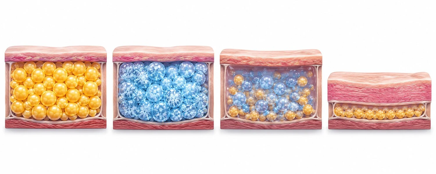 Treated fat over time: healthy cells, then frozen, then cleared by the body, leaving a reduced fat layer