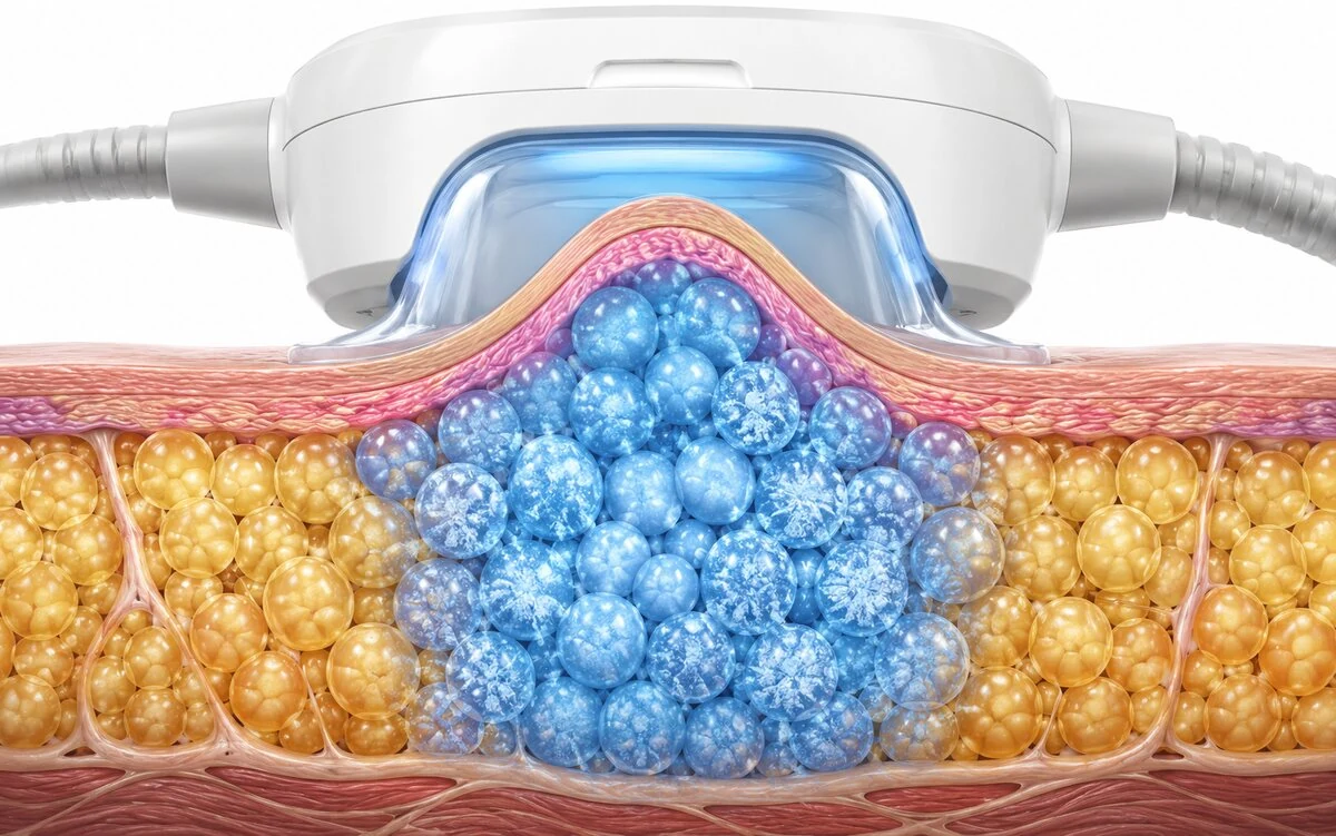 Cross-section: a cooling applicator freezes the fat cells (crystallising blue) while skin, nerves and muscle stay unharmed