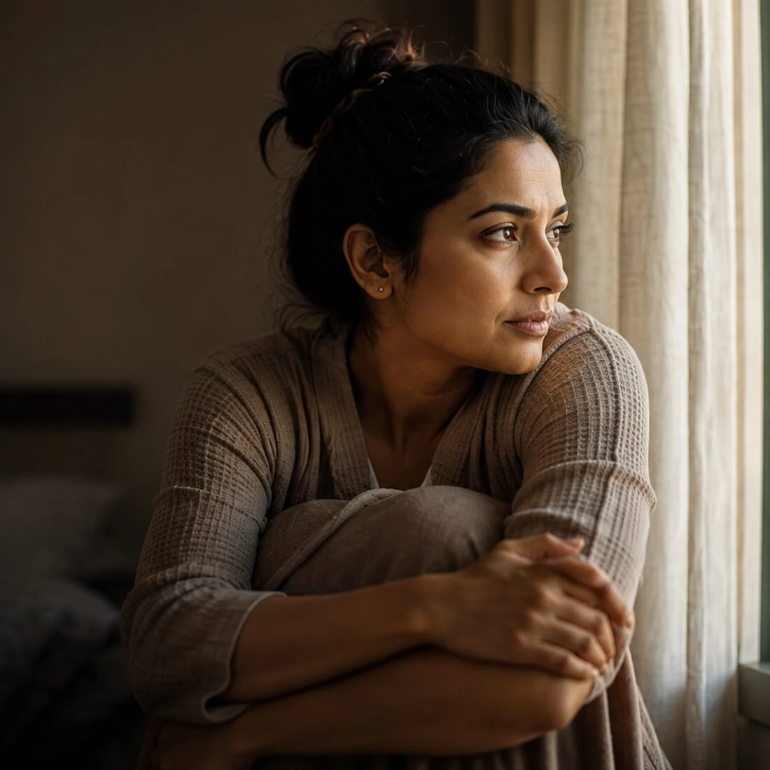 A woman in a quiet, honest moment of reflection