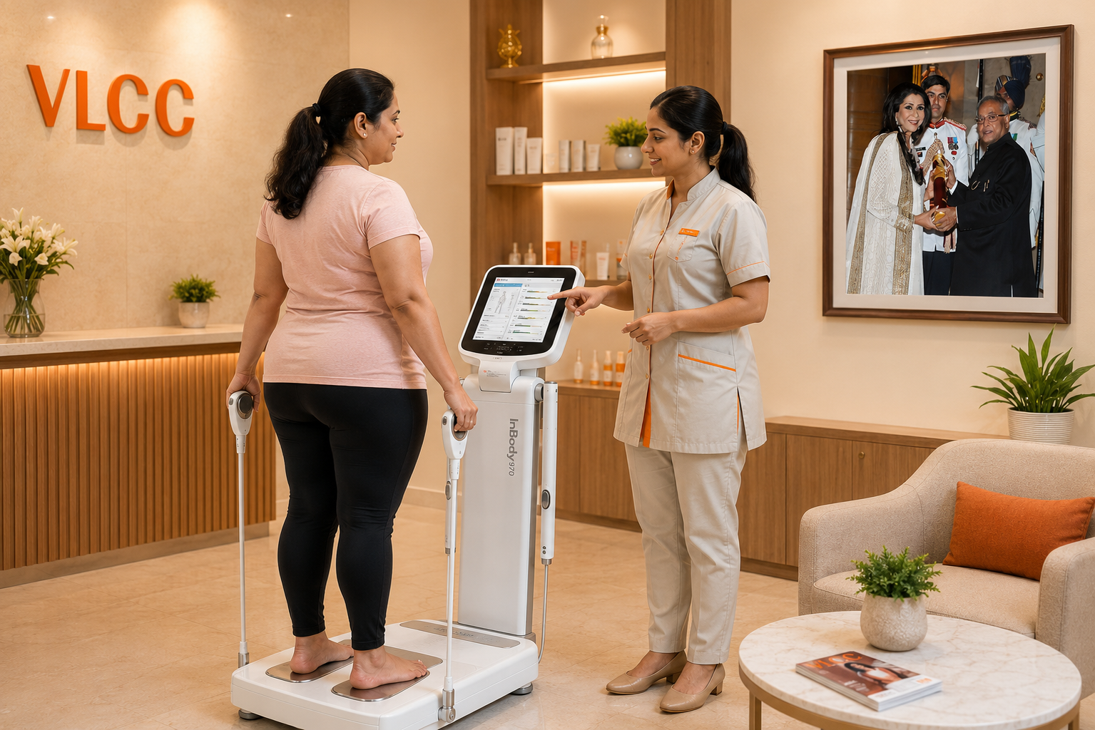 A person on VLCC's clinical body-composition analyser