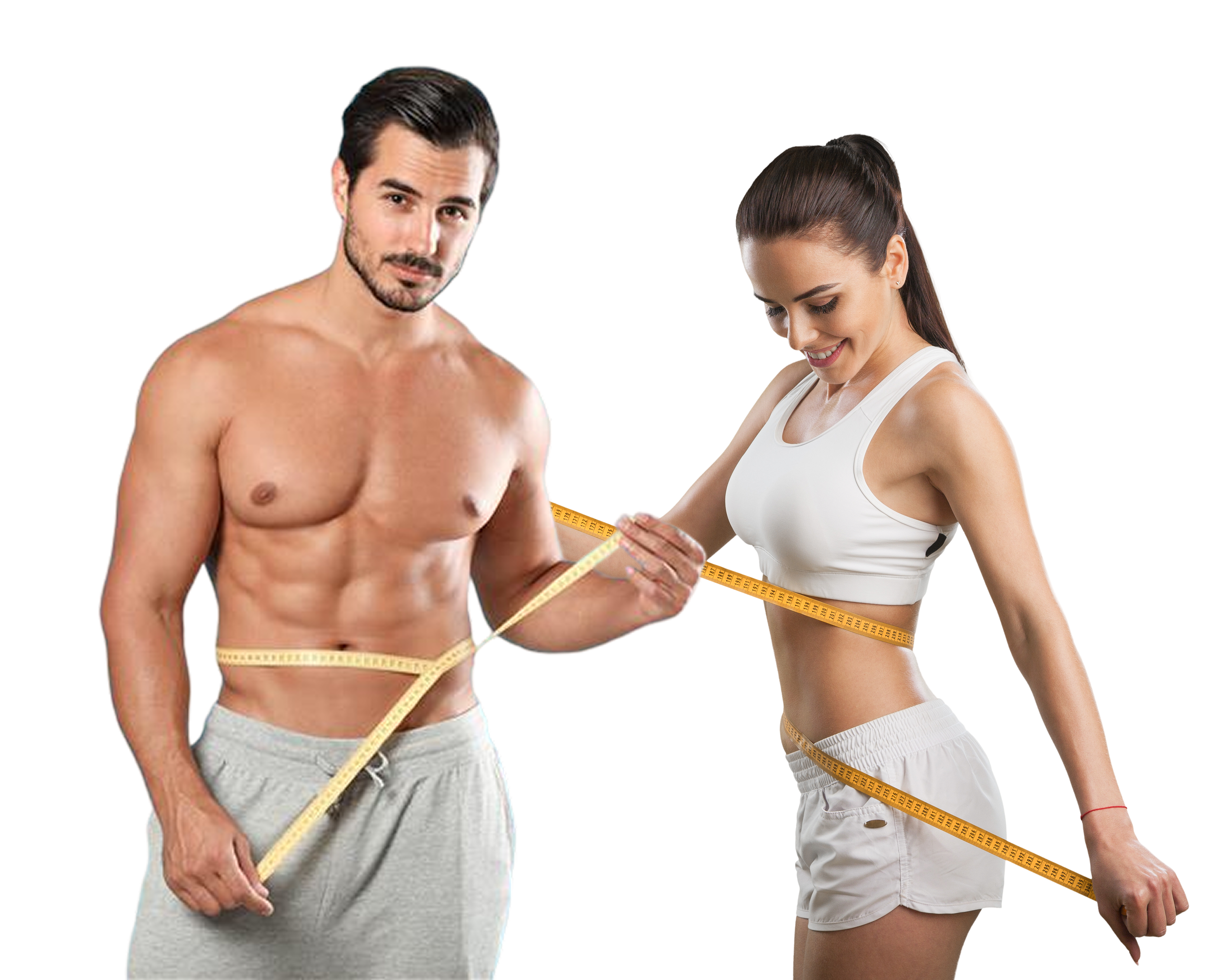 Two models with measurement tape, hotspots indicate selectable body areas